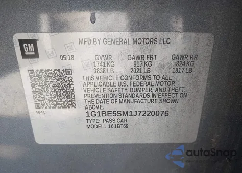 2018 Chevrolet Cruze Lt Auto z USA, uszkodzony, nr VIN 1G1BE5SM1J7220076